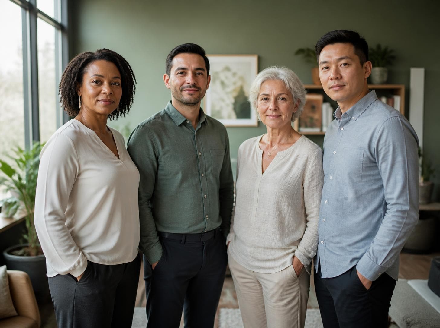 A group of mental health professionals standing together in a bright consulting room with plants and soft furnishings.